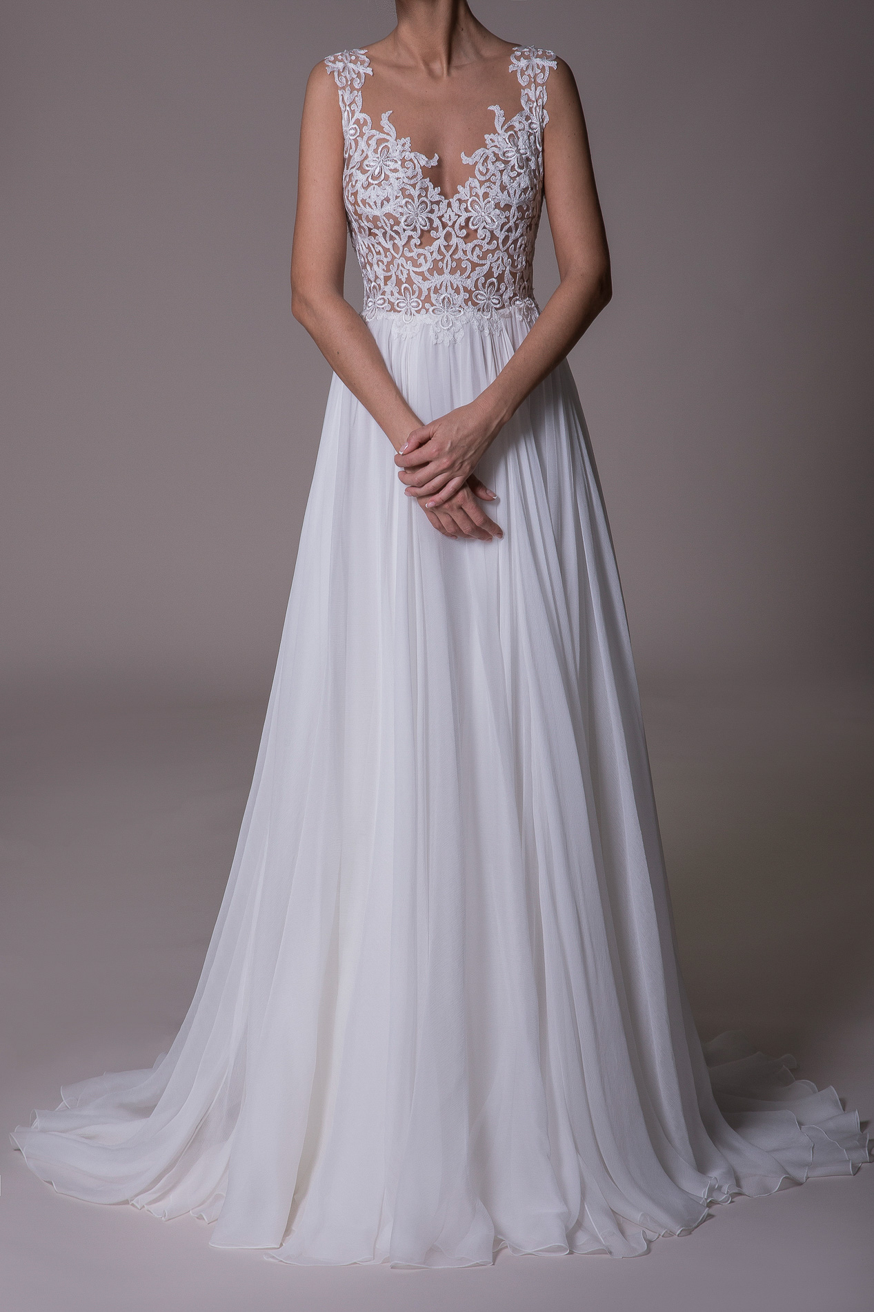 FLORES SLEEVELESS LACE AND SILK CHIFFON GOWN