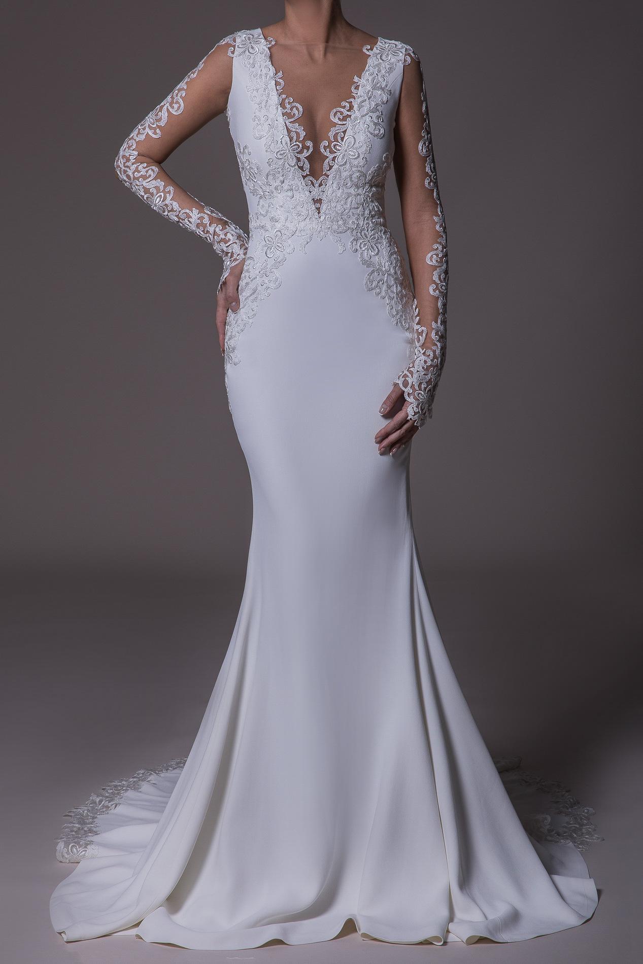 SAGE CREPE AND LACE COURT TRAIN GOWN