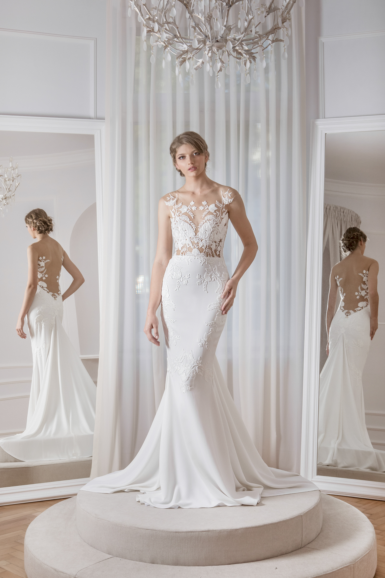 ORI SHEER LACE AND CREPE GOWN