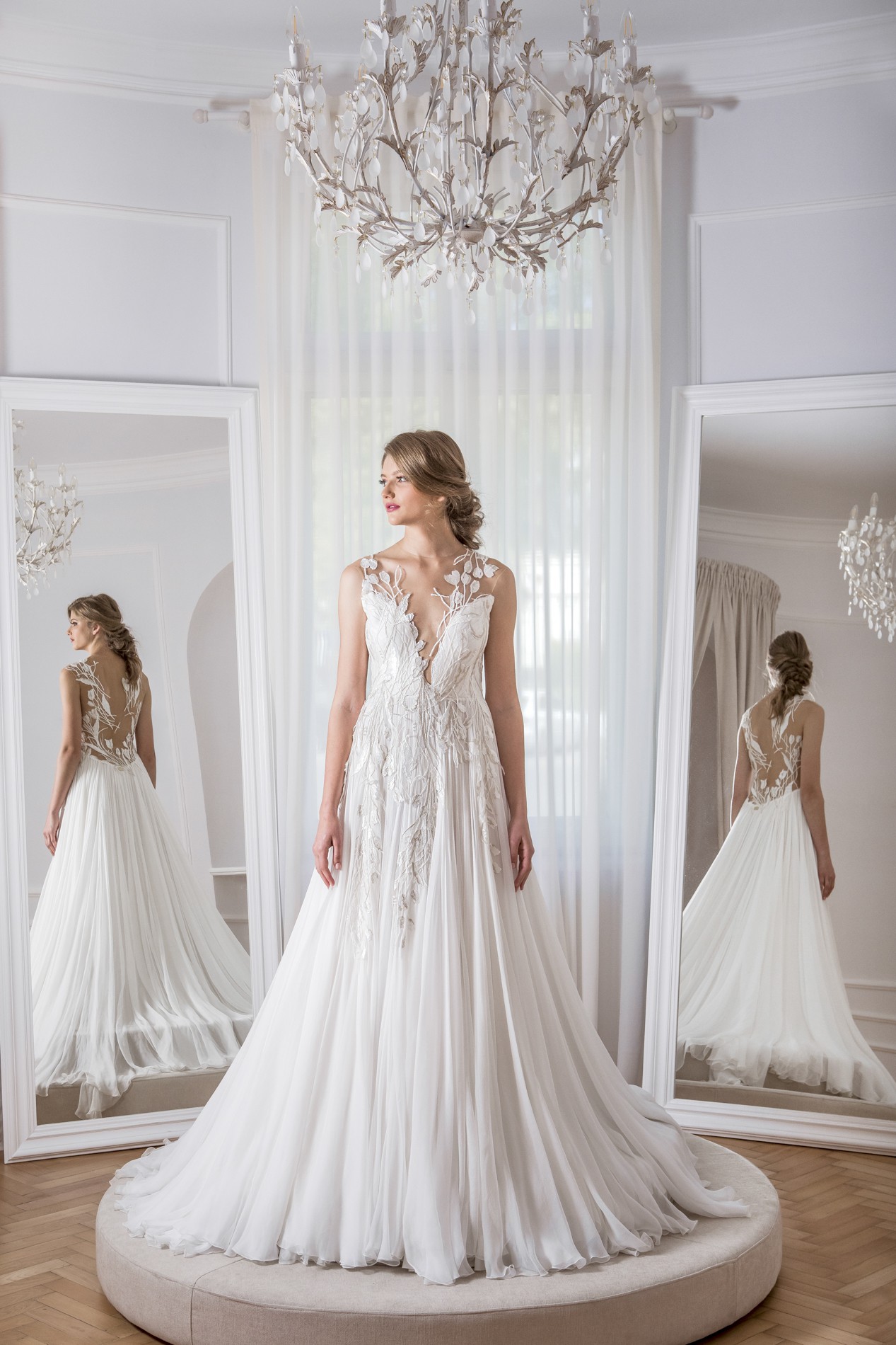 SWAN SILK CHIFFON LACE-EMBELLISHED GOWN