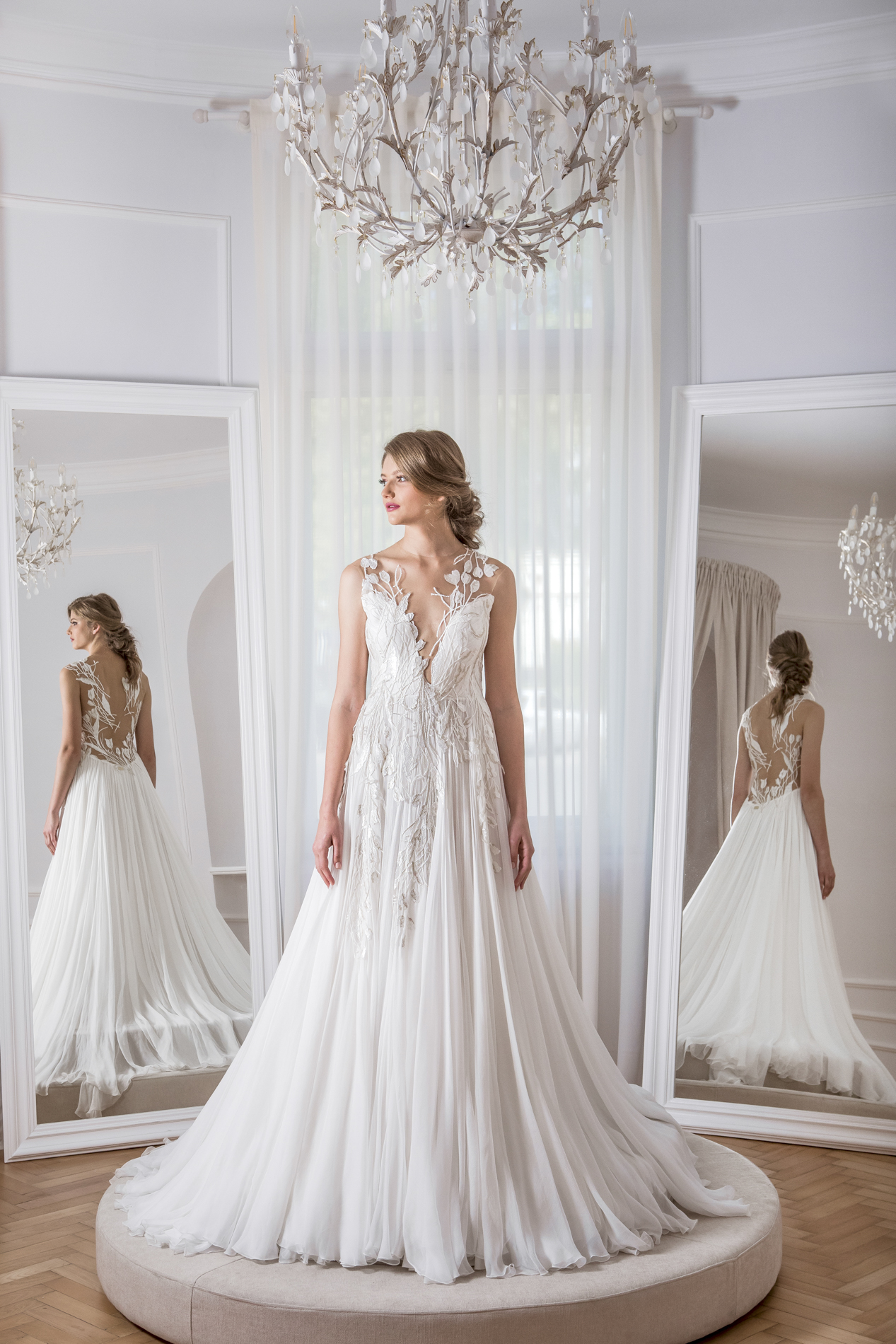 SWAN SILK CHIFFON LACE-EMBELLISHED GOWN