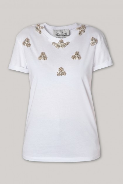 WHITE REGULAR COLLAR T-SHIRT WITH RICH EMBROIDERY