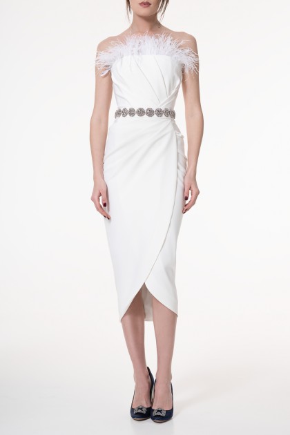 RAISA IVORY FEATHER TRIMMED MIDI CREPE DRESS