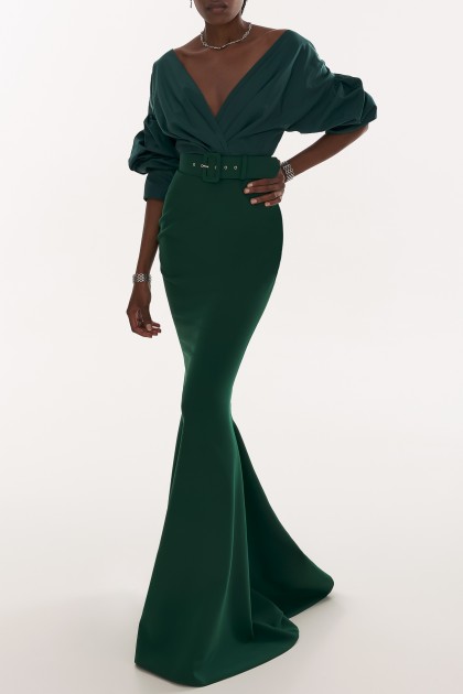 GIANNA DARK GREEN TAFFETA AND CREPE LONG DRESS