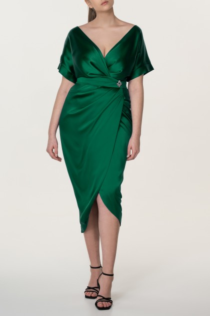 JAYA EMERALD SATIN MIDI DRESS