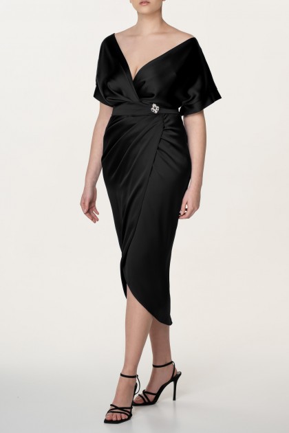 JAYA BLACK SATIN MIDI DRESS