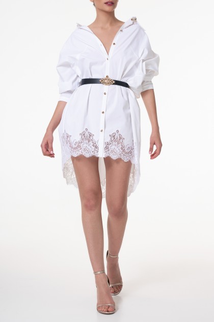 GIOIA WHITE LACE INSERTS COTTON SHIRT DRESS WITH GOLD BUTTONS