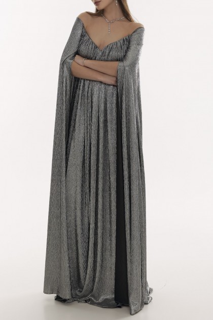 IMAN METALLIC PLATINUM CREPE CAPE DRESS