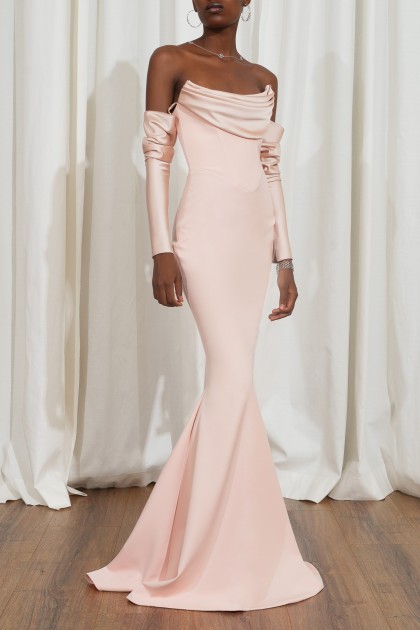 RAVEN SOFT PEACH CREPE LONG DRESS